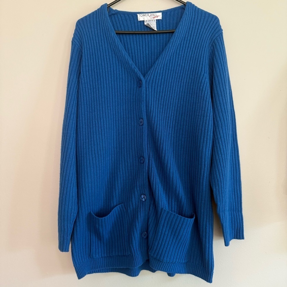 Vintage Blue Ribbed Button Up Womens Cardigan Sweater Size L Pockets Feminine